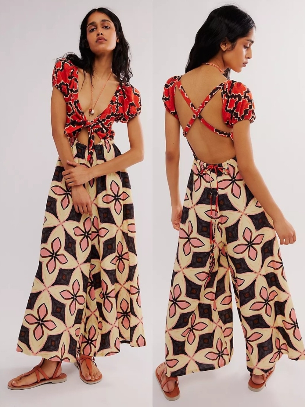 Free People Red Tie-Front Floral Wide-Leg Jumpsuit - Picture 2 of 8